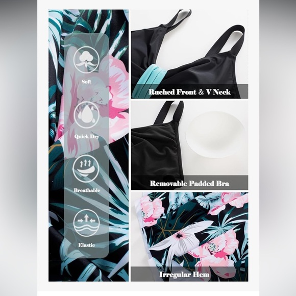 Hanna Nikole Black Floral One Piece Flowy Body Shaping Swimsuit Dress w/shorts - Picture 15 of 16